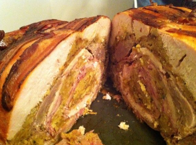 Turduckenhen, quartered to show layers within