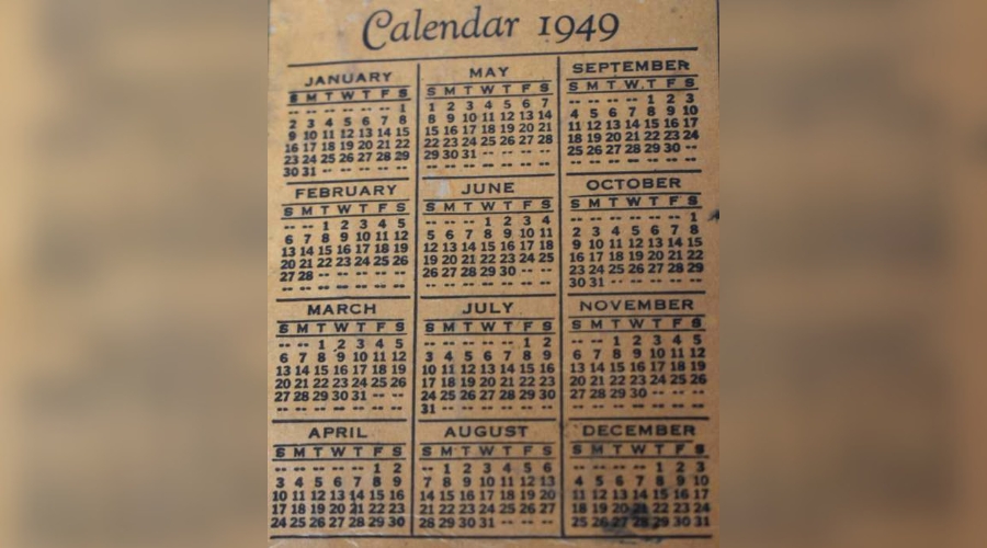 An old calendar from the back of a small notebook or memo pad. Dated 1949