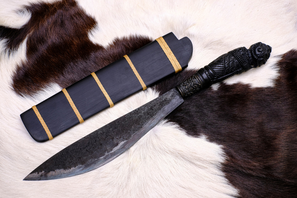 Amulet knife of Native Thailand knife with ebony wood sheath is handmade in Thailand for protection luckily